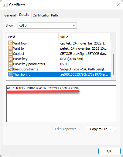 Thumbprint of the PlugoutRoot certificate