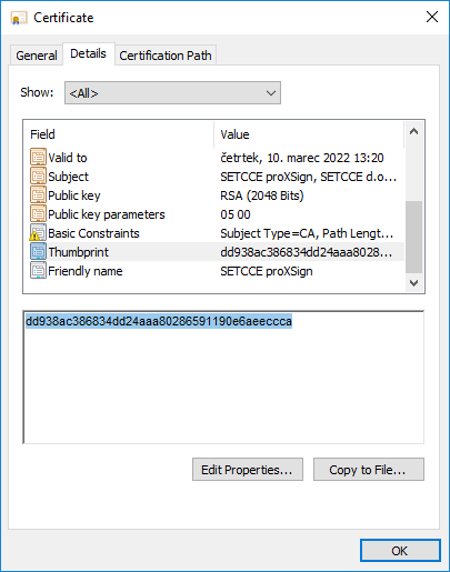 Installed certificate thumbprint